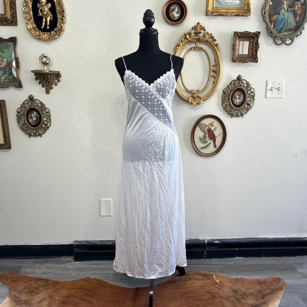 Vintage White Lace Bodice Maxi Slip Dress Size Small